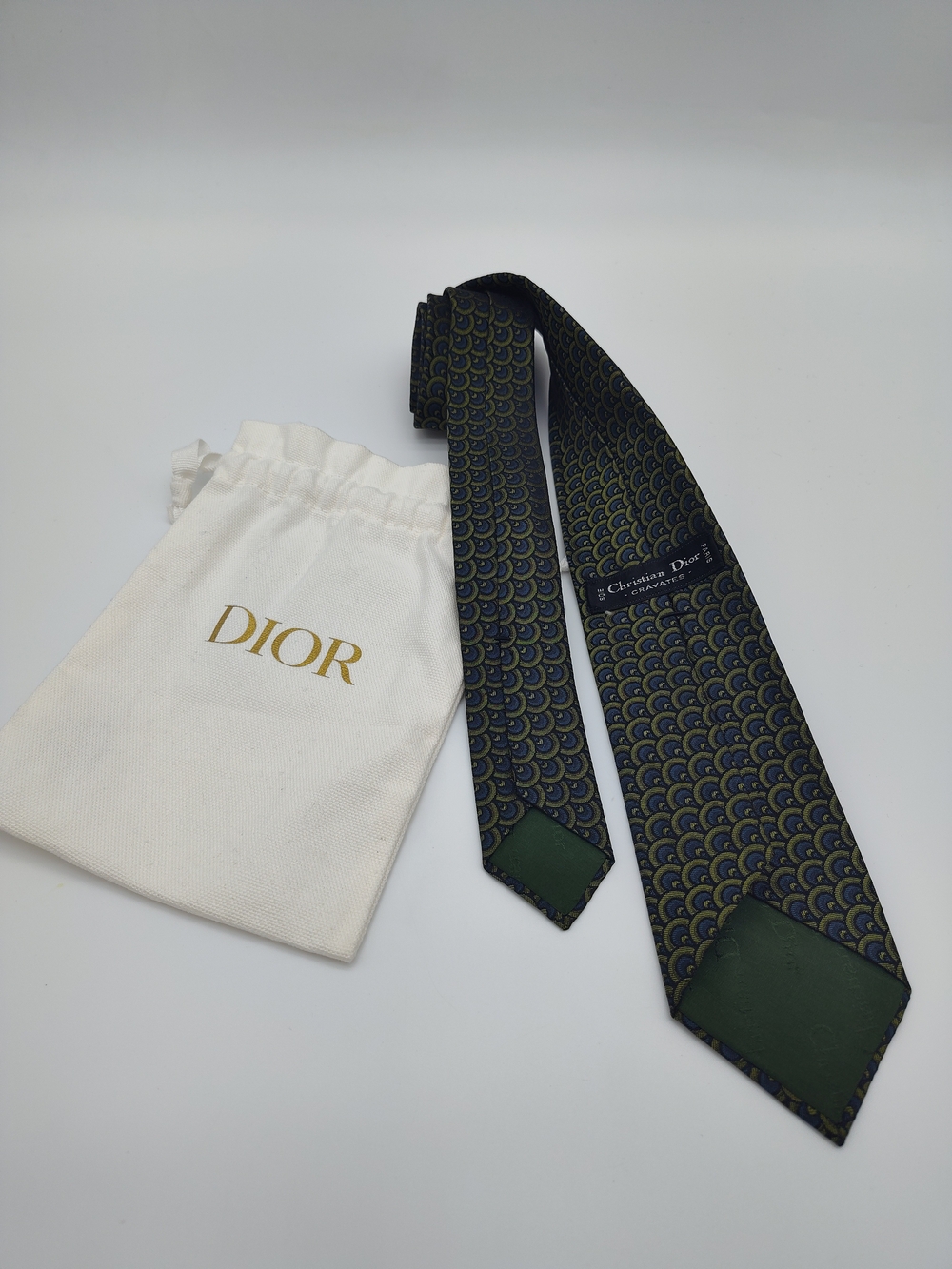 Vintage CHRISTIAN DIOR Cravates Paris Silk Tie Navy Green Geometric 53" Like New - Picture 2 of 6